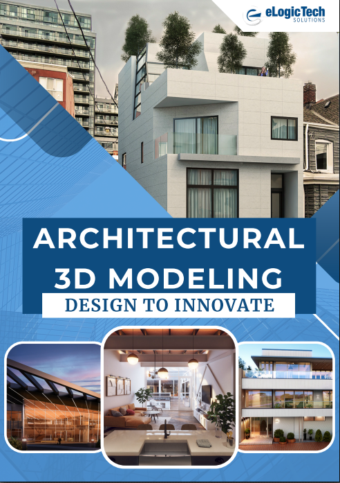 Architectural 3D modeling flyer showing a modern building design with clean lines and innovative structure in a bright and professional setting. The flyer includes the text Architectural 3D Design to Innovate and conveys a sense of creativity and technical expertise